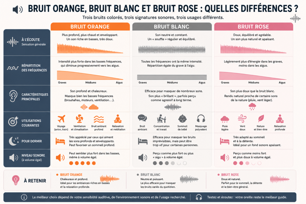 différences entre bruit orange, bruit blanc et bruit rose